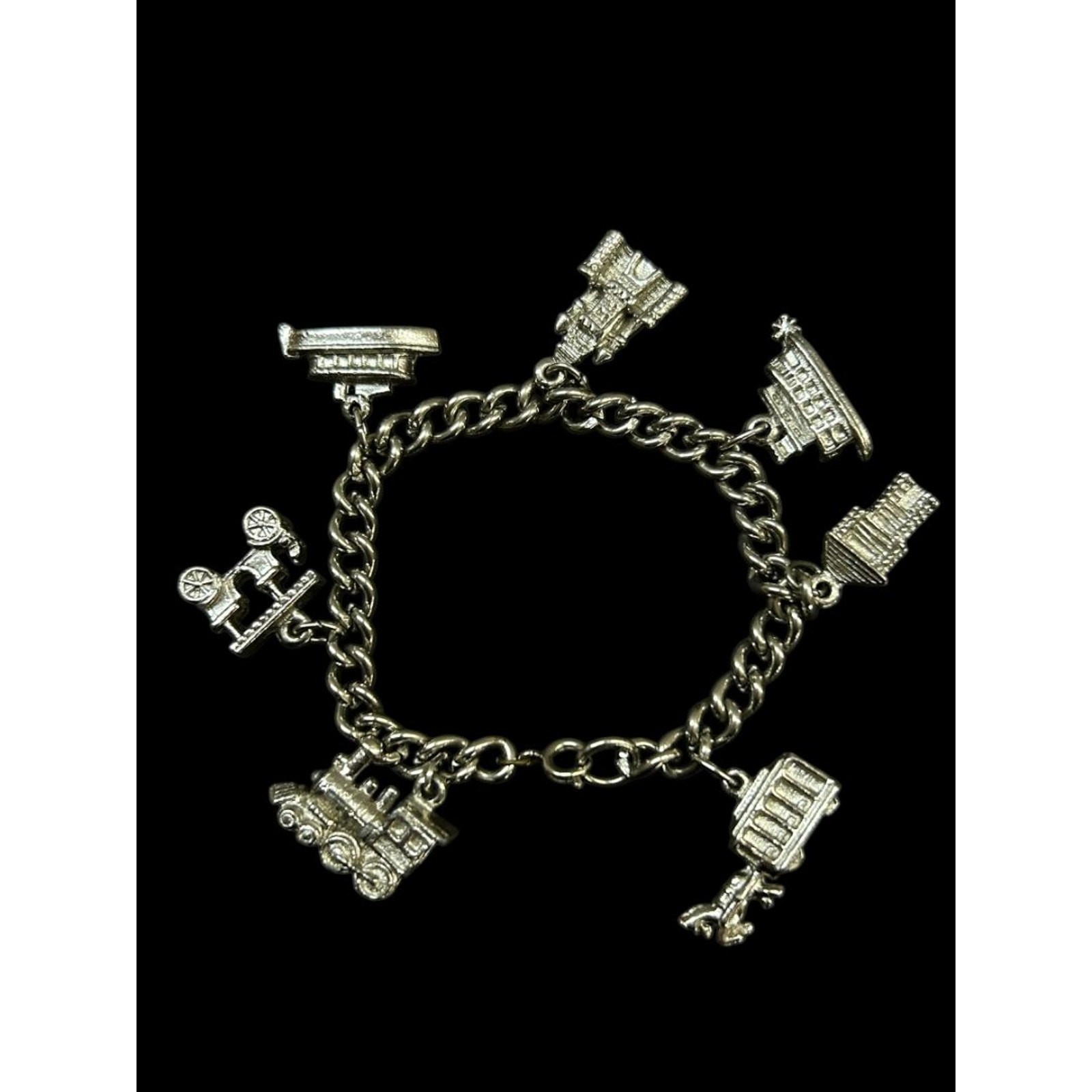 Silvertone Charm Bracelet Travel Theme 6.5″ Spring Clasp