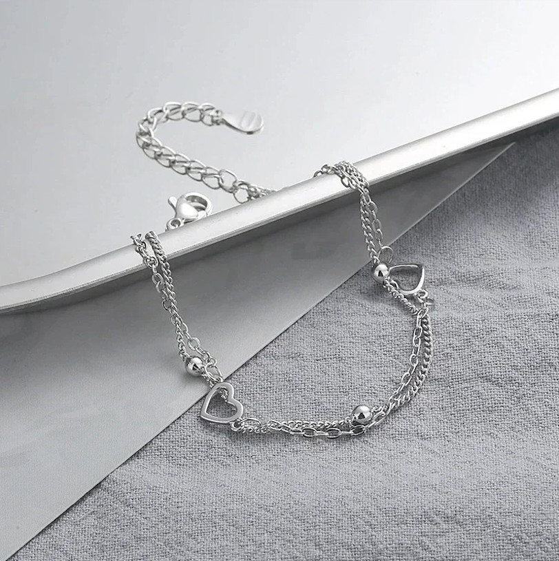 925 Sterling Silver Double Chain Heart Charm Bracelet, Adjustable 6-8″