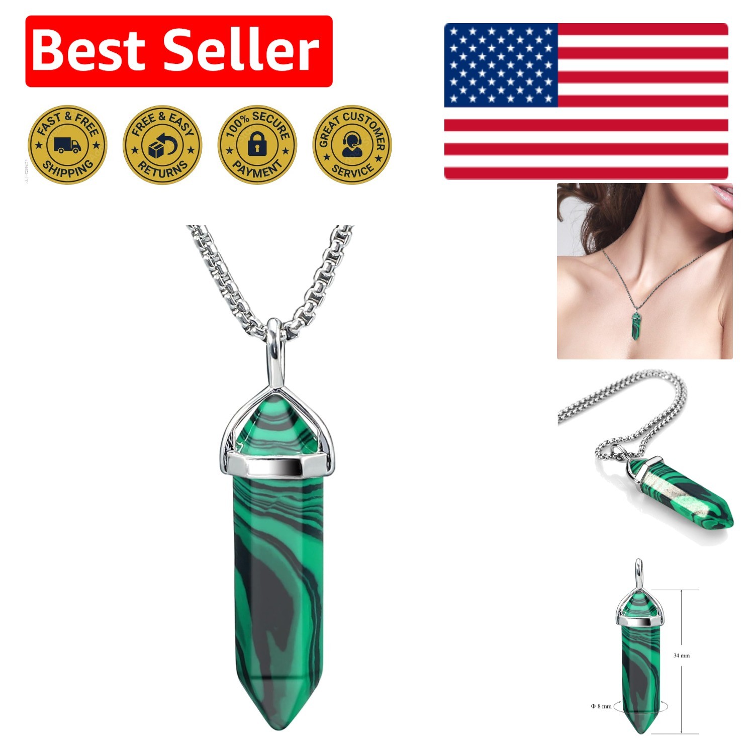 Spiritual 18-Inch Malachite Crystal Necklace – Perfect Gift for All Occasions