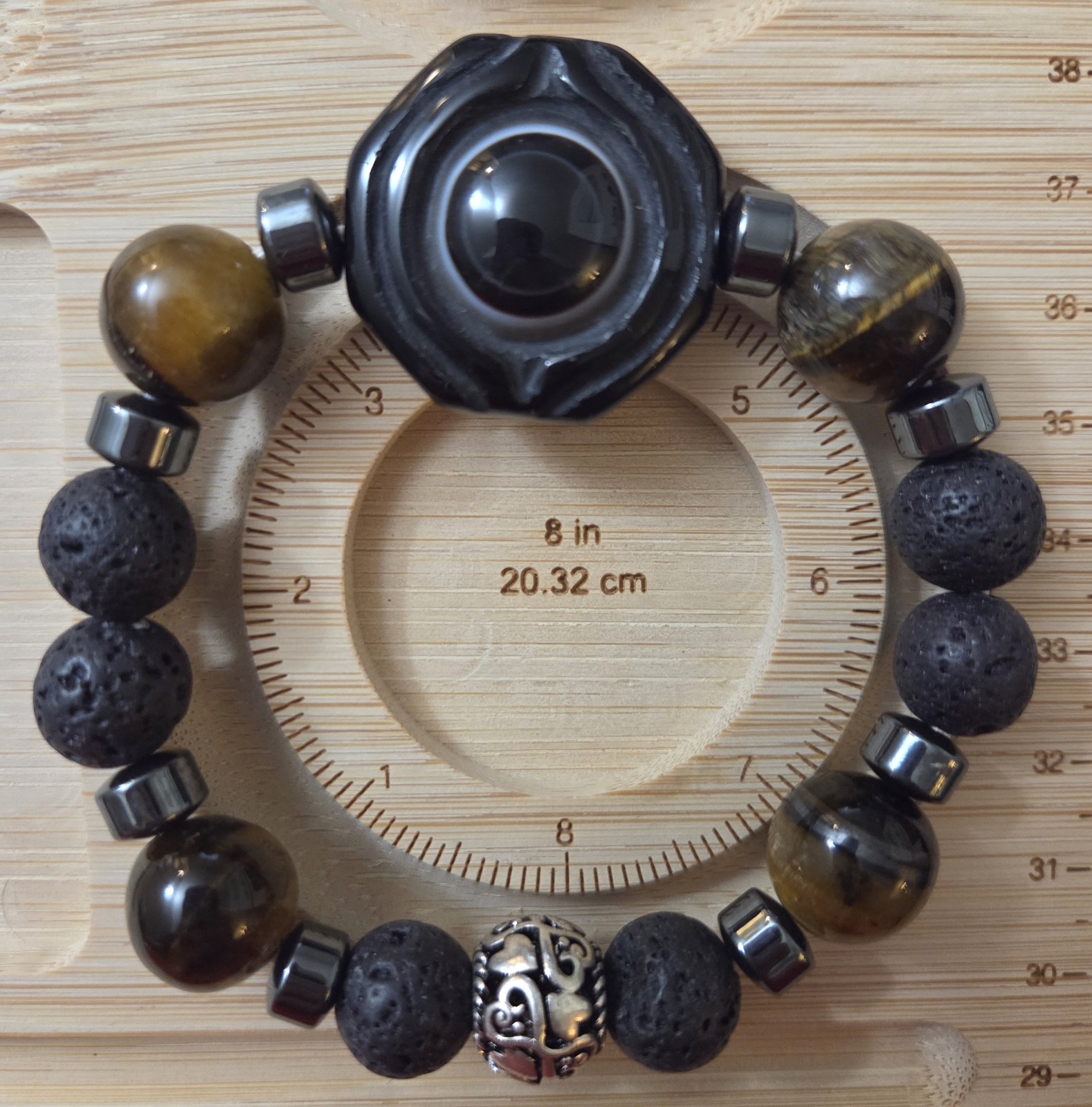Mens bracelet with double Dzi: Dragon eye and ying yang with natural Stones.