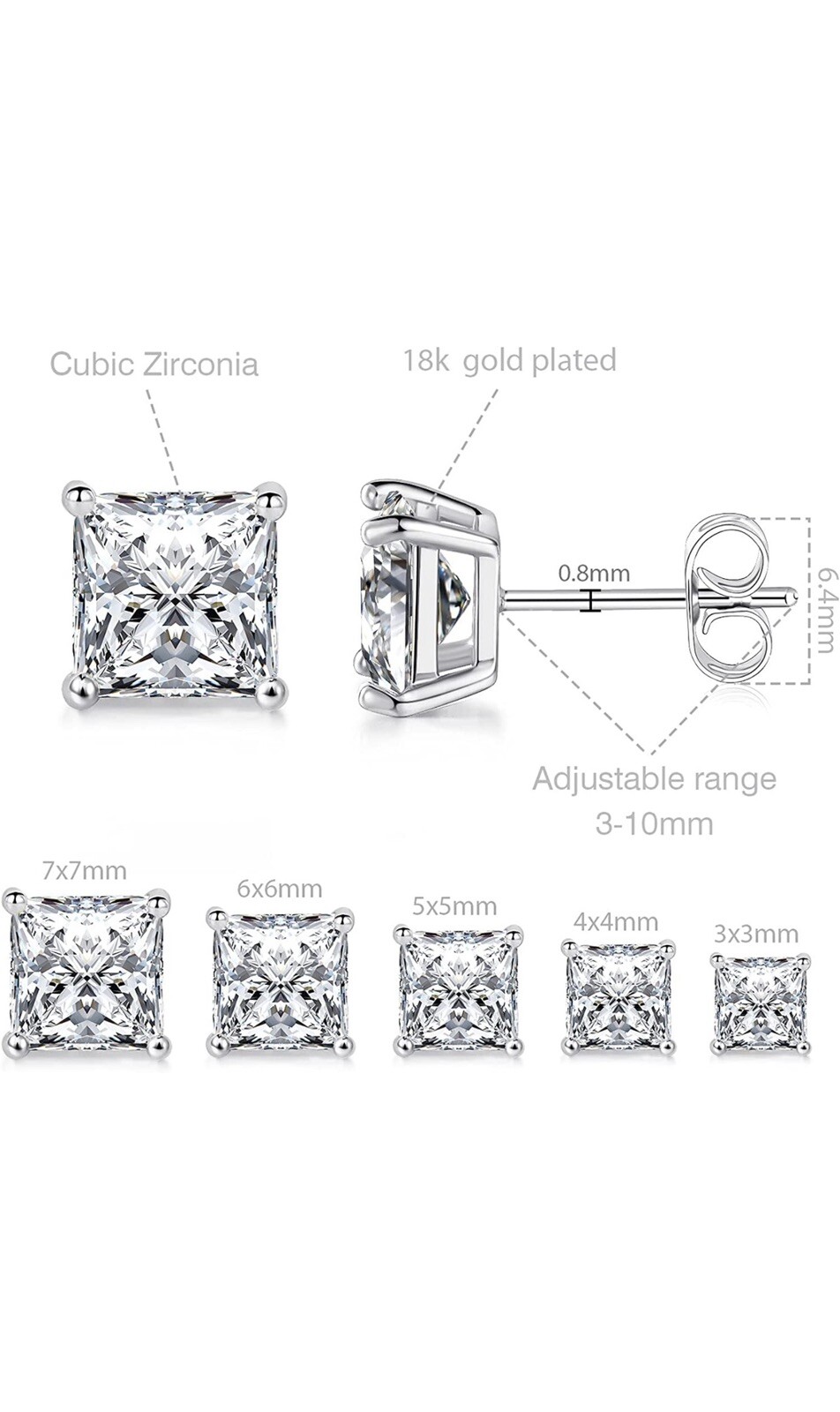 MDFUN 18k White Gold Plated Princess Cut Clear Cubic Zirconia Earrings Pack Of 5