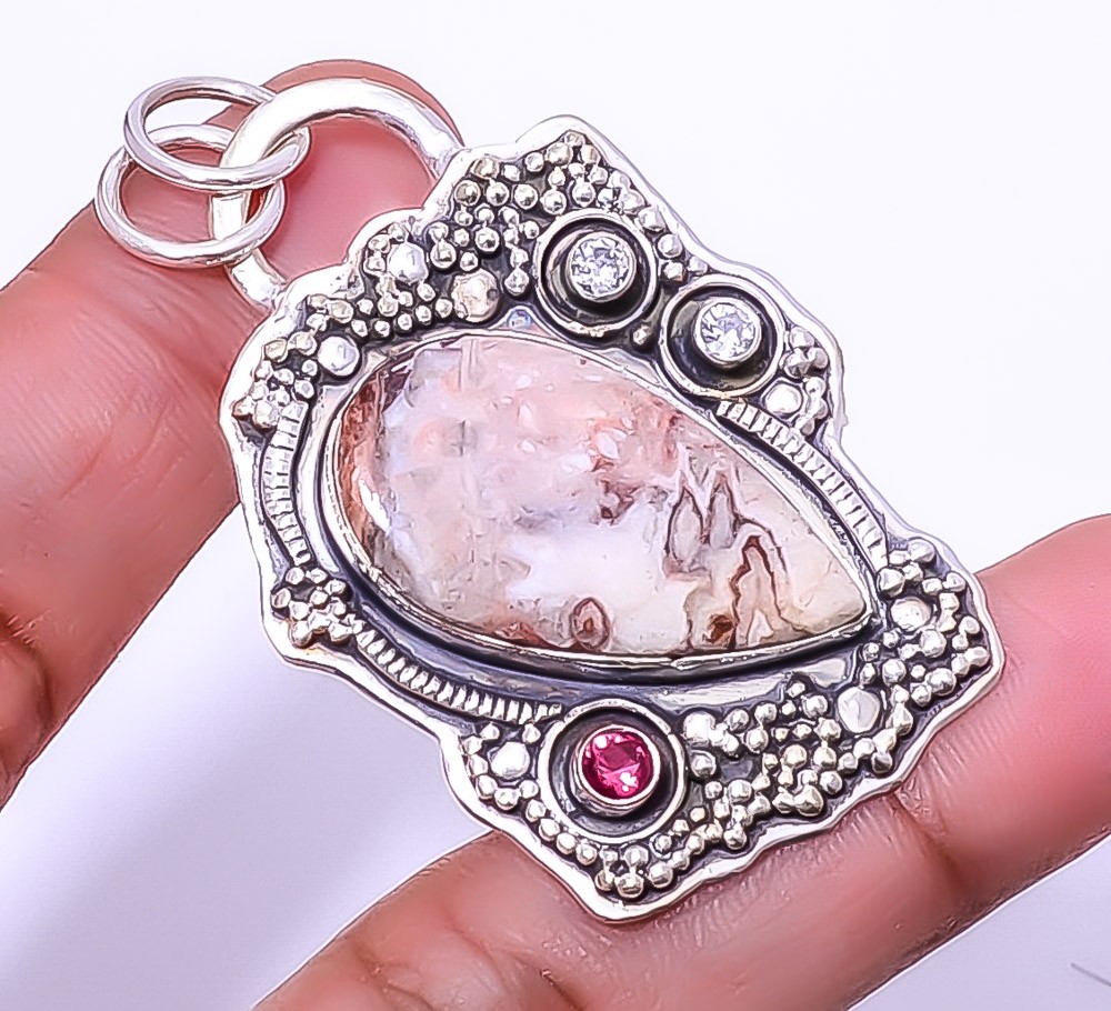 Rosetta Jasper & White Topaz Gemstone 925 Sterling Silver Pendant 1.95″ A389