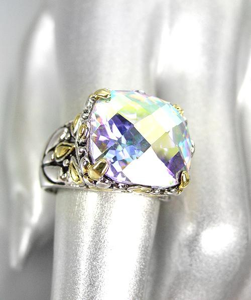 NEW 18kt Gold Plated Iridescent Aurora Borealis Crystal Balinese Filigree Ring