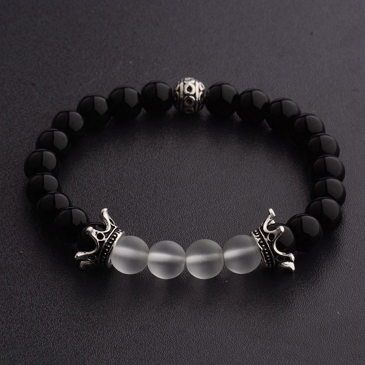Man’s 8mm Crown Black Natural Gemstone Handmade Round Beads Stretchable Bracelet