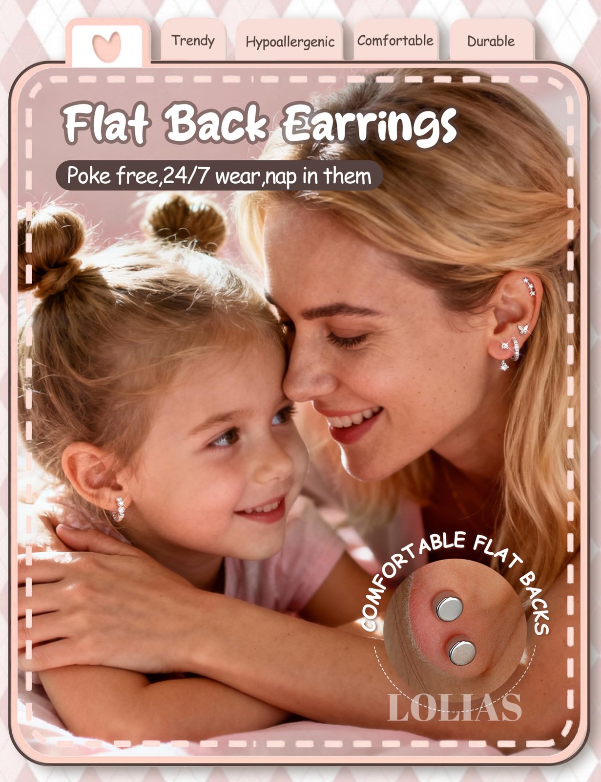 LOLIAS Hypoallergenic Flat Back Earrings for 10 millimeters, Silver+White CZ