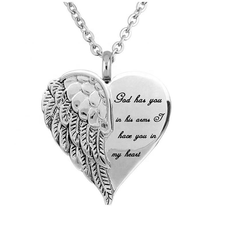 Stainless Steel Angel Heart Wings Ashes Keepsake Cremation Memorial Urn Necklace