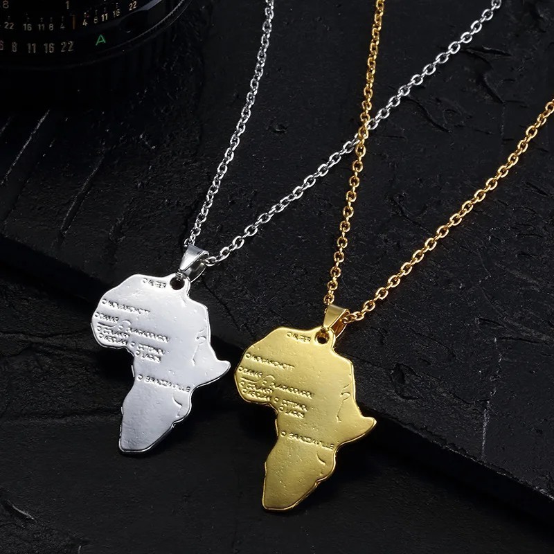 Africa Map Pendant Necklace with Engraved Capital Cities Stainless Steel Jewelry