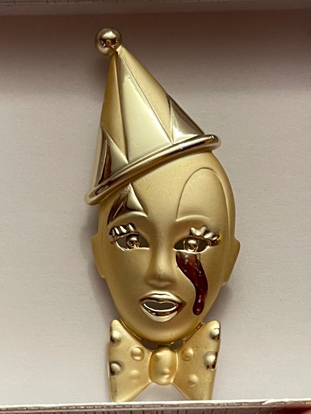 Vintage 1980s Pierrot Sad Clown Brooch Pin Gold Tone Red Glitter Teardrop 3.25”