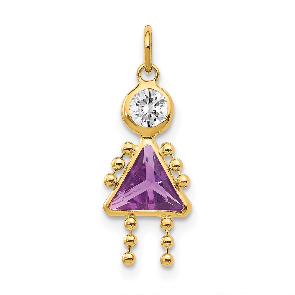 10k Yellow Gold Cubic Zirconia Feb Birthstone Girl Charm Pendant L 20mm, W 10mm