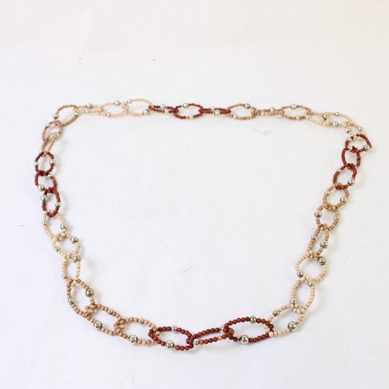 Brown Beige and Silver-Tone Chain Link Beaded Necklace 21″