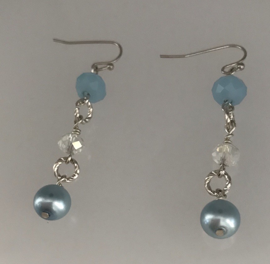 Blue Pearl/ Blue bead Fish Hook Dangle Style Silver Colored Earrings