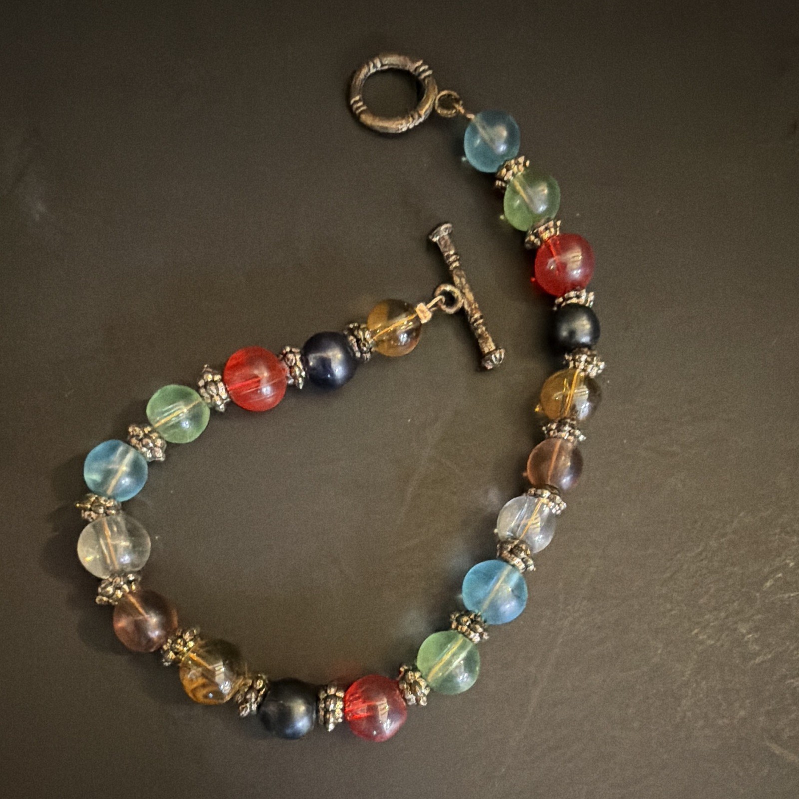 Multicolor Round Glass Beaded Bracelet Toggle Clasp, Less Than 8 in