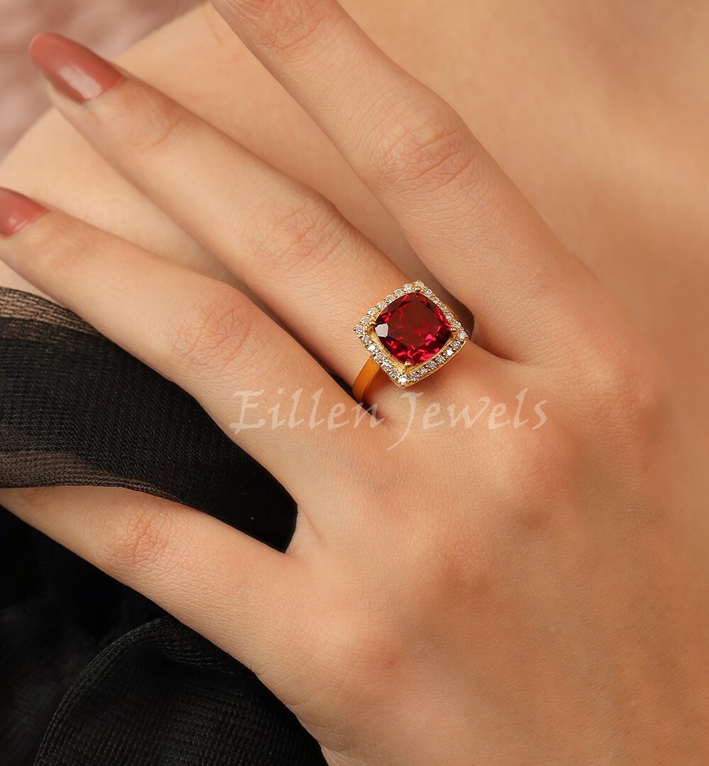 3.5 Ct Cushion Cut Ruby Ring, Ruby Engagement Ring, Gold Plated Wedding Ring