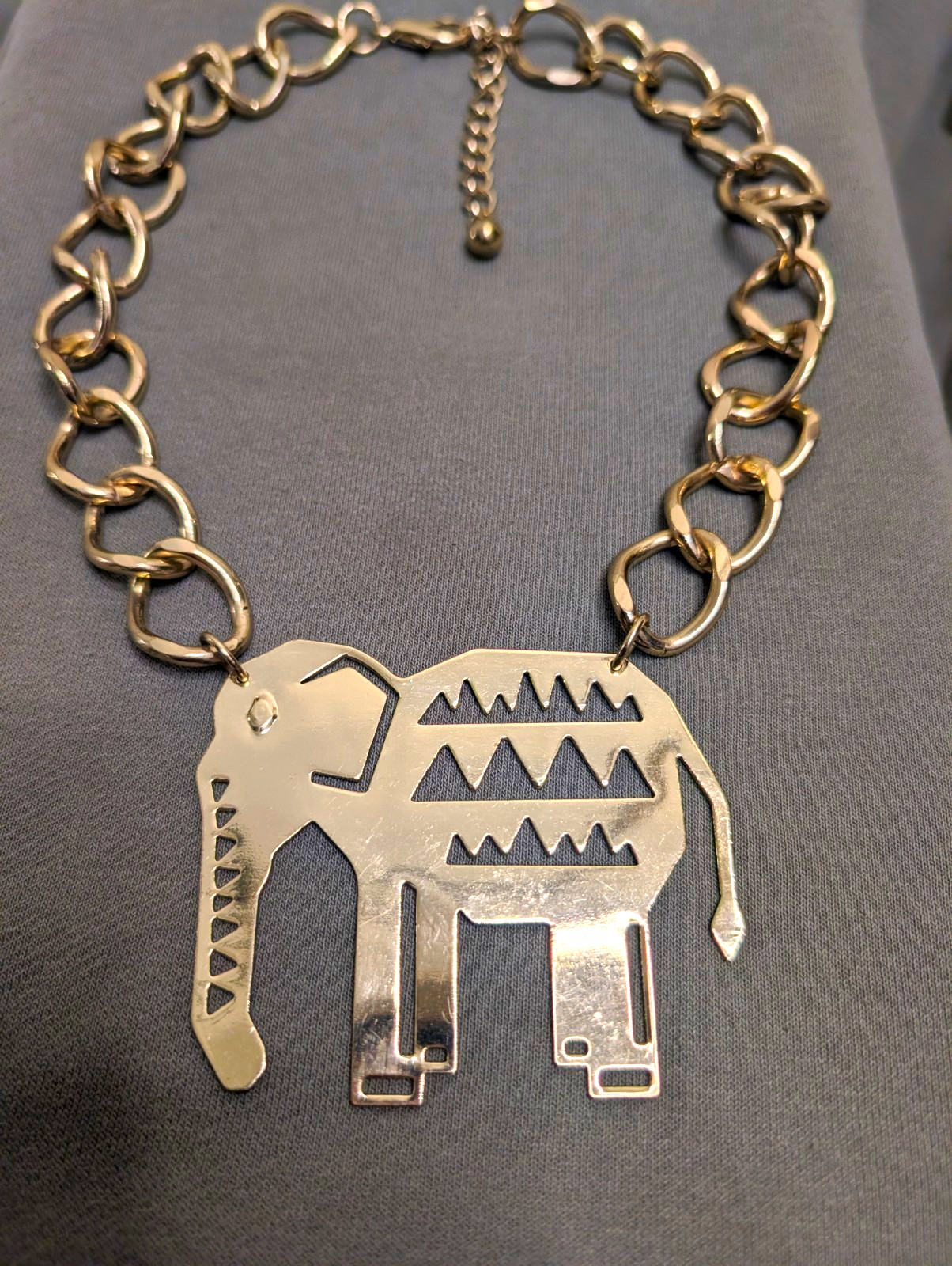 Gold Elephant Charm Pendant Statement Link Chain Necklace Adjustable 19-24 in