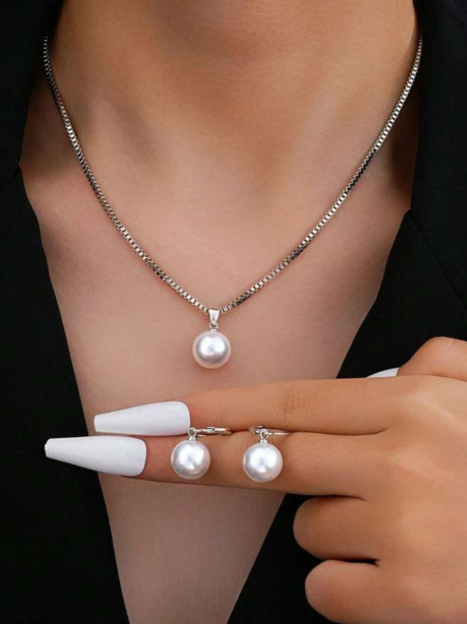 3 PCS Women Jewelry Set White Pearl İmitation Minimalist Necklace Earrings Gift