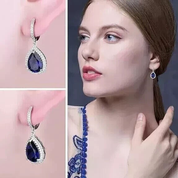 Clip On Drop Earrings Pear Cut Simulated Blue Sapphire In 14k White Gold Plated