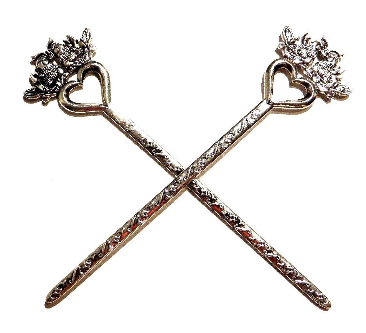 SILVER LOVE BIRDS HAIR STICKS Kanzashi bun pins valentine heart Gothic 1 PAIR G6
