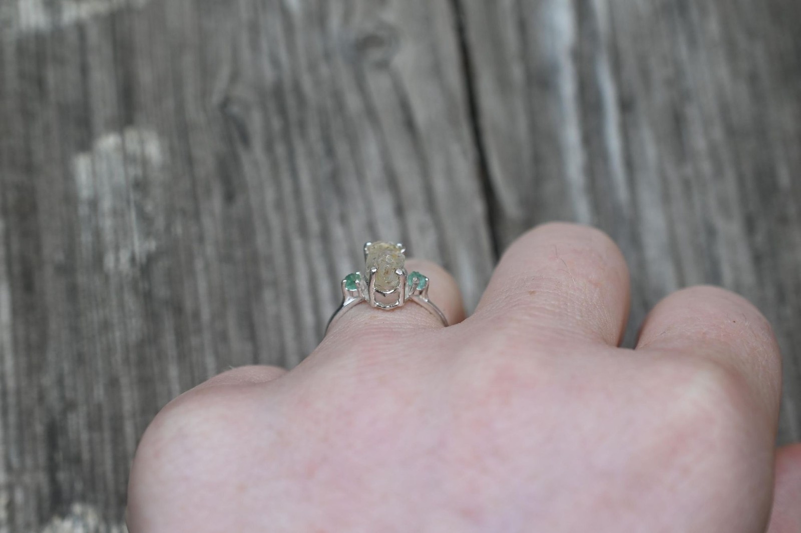 Engagement ring Emerald and Lake County diamond sterling silver size 3 4 5 6 7