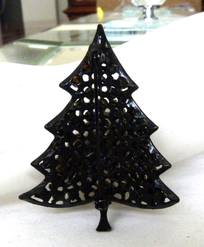 2 1/8″ VINTAGE MOD MID-CENTURY SIGNED MULTI RHINESTONE CHRISTMAS TREE PIN