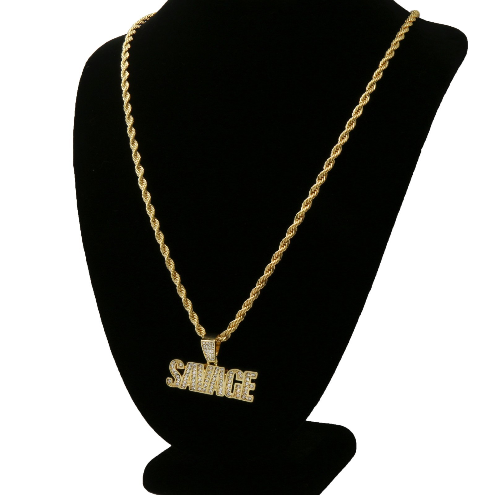Mens 14k Gold Plated SAVAGE Cubic-Zirconia Pendant 4mm Rope Chain Necklace