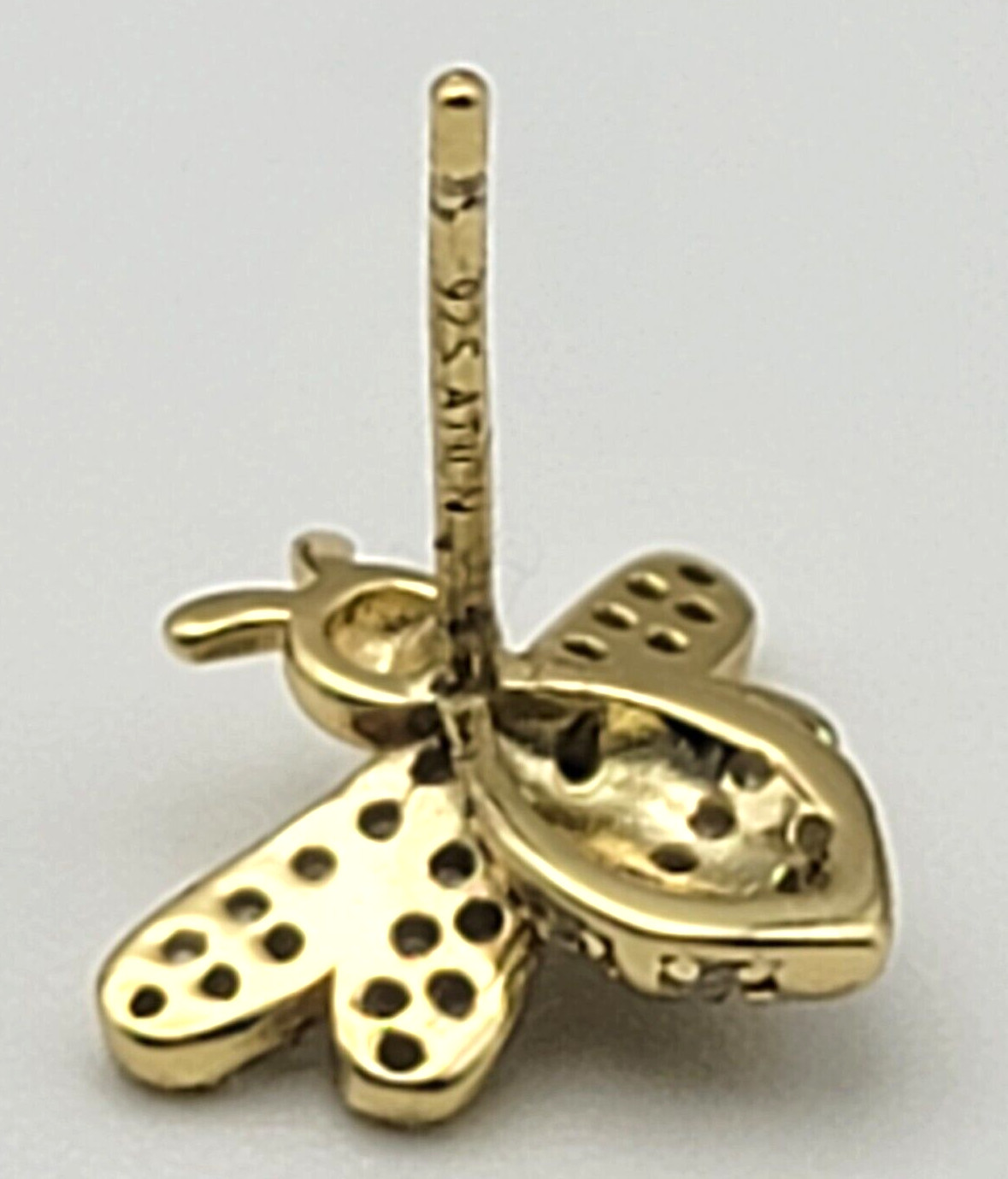 925 ATI CN Figural Honey Bee Stud Earrings Gold Tone Clear Cubic Zirconia Pave