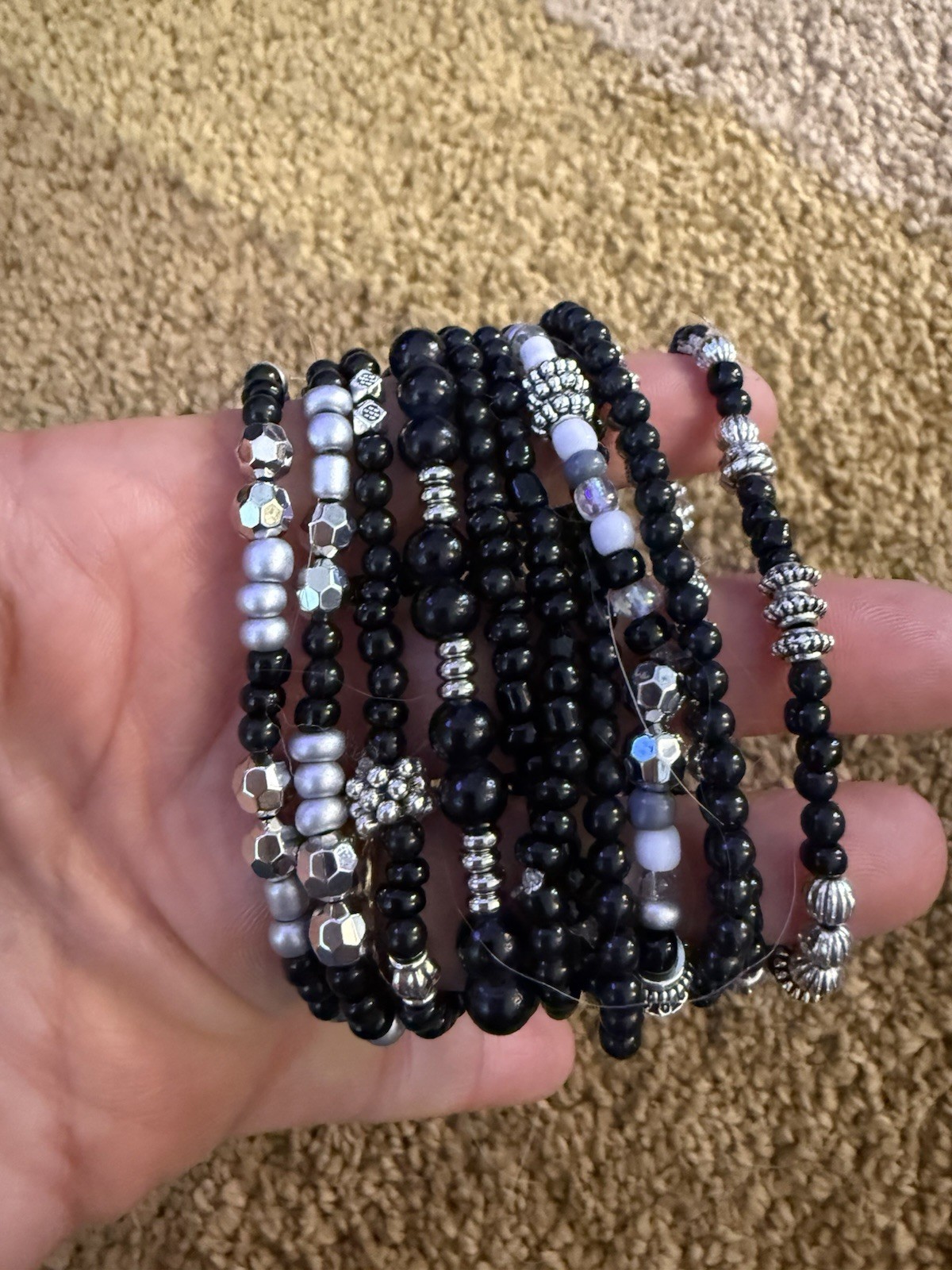 Black Silver Gray Glass Plastic Beaded Stackable Bracelets Set Round Fashion