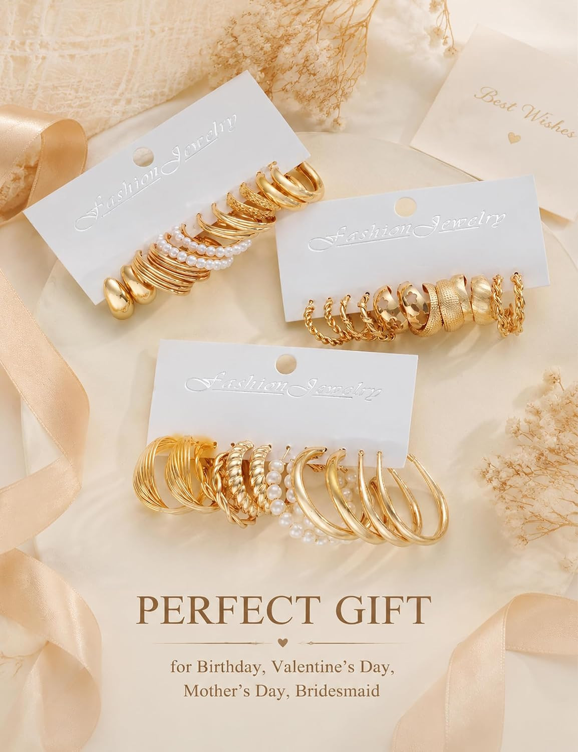 Gold Hoop Earrings Set for Women, 18 Pairs Hypoallergenic Statement Open Pearl H