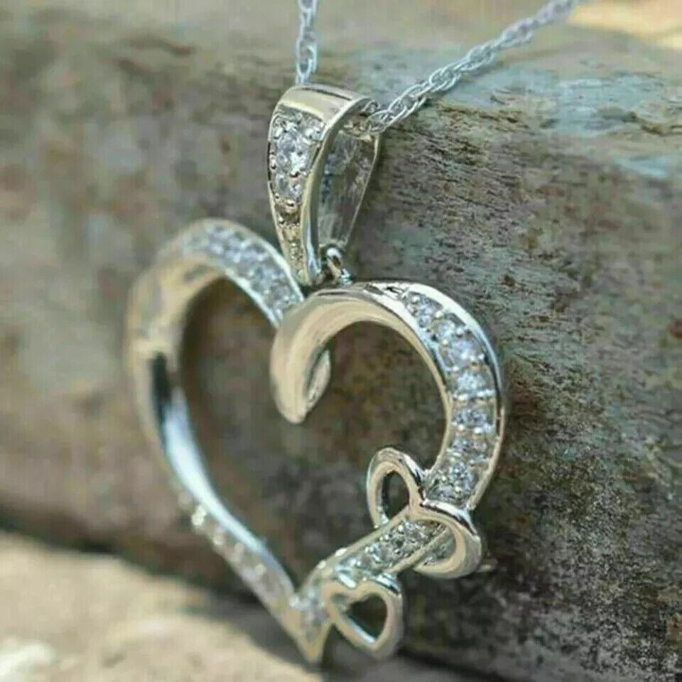 1Ct Round Cut Simulated Diamond Triple Heart Shape Pendant 14K White Gold Plated