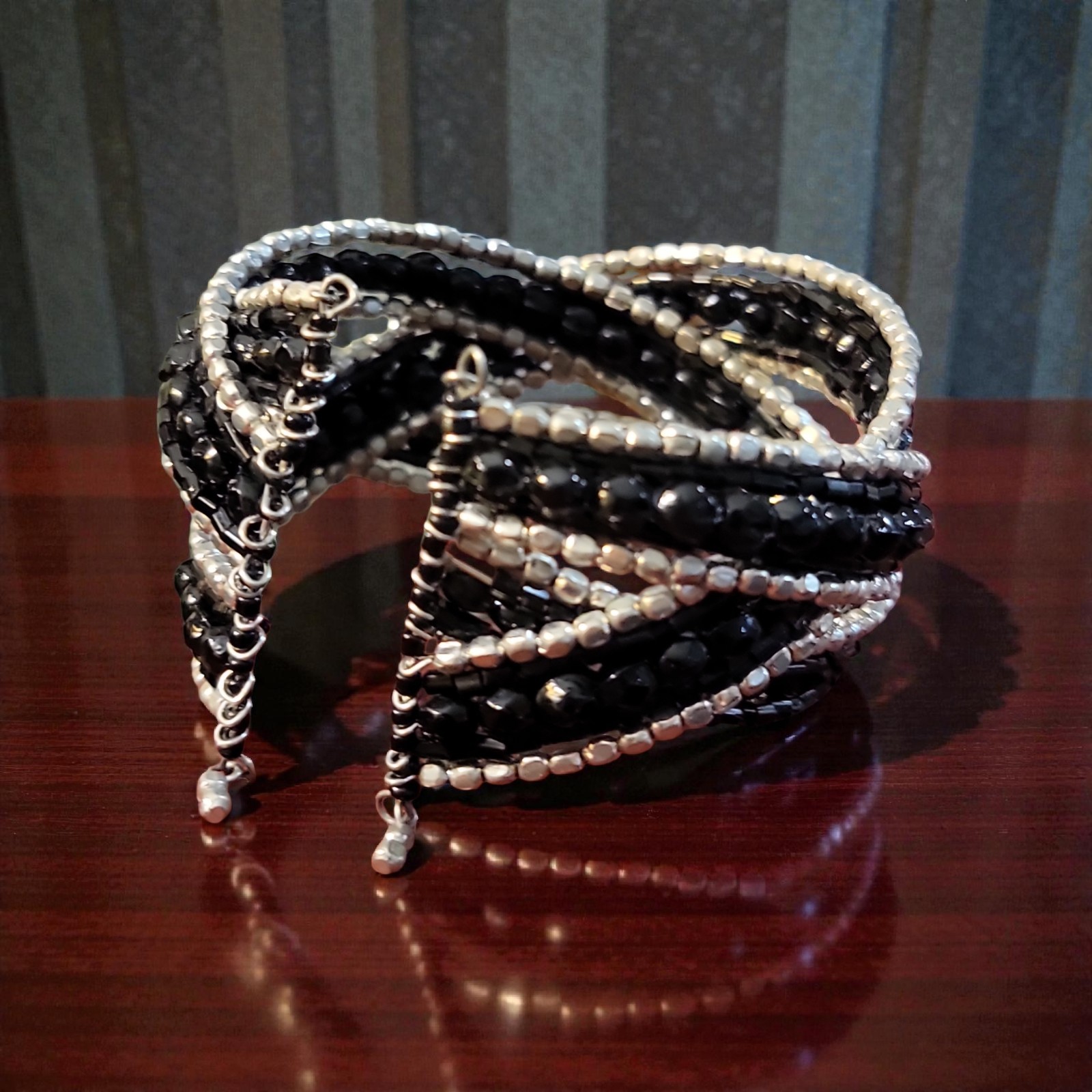 Glamour Triple Twisted Black Silver Tone Wire Cuff Faceted Beaded Bracelet