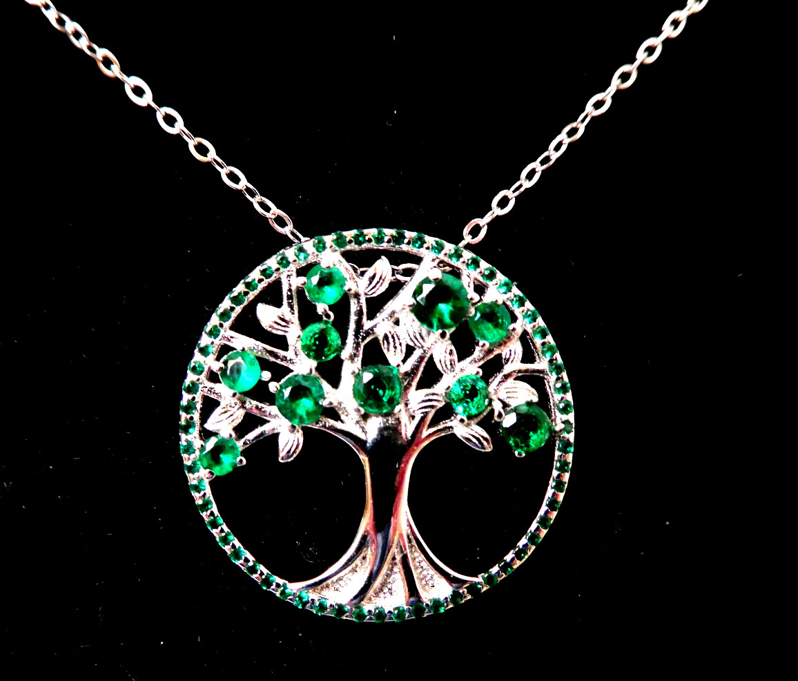 Sterling Silver S 925 Tree of Life Emerald Green Stones Pendant 20″ Italy Chain