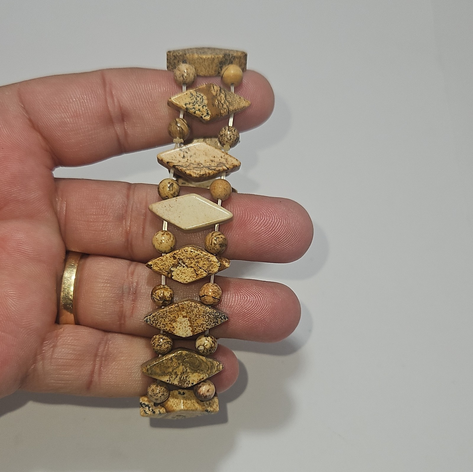 Brown & Beige Stone Beaded Stretch Bracelet, Diamond Shape, Slip-On