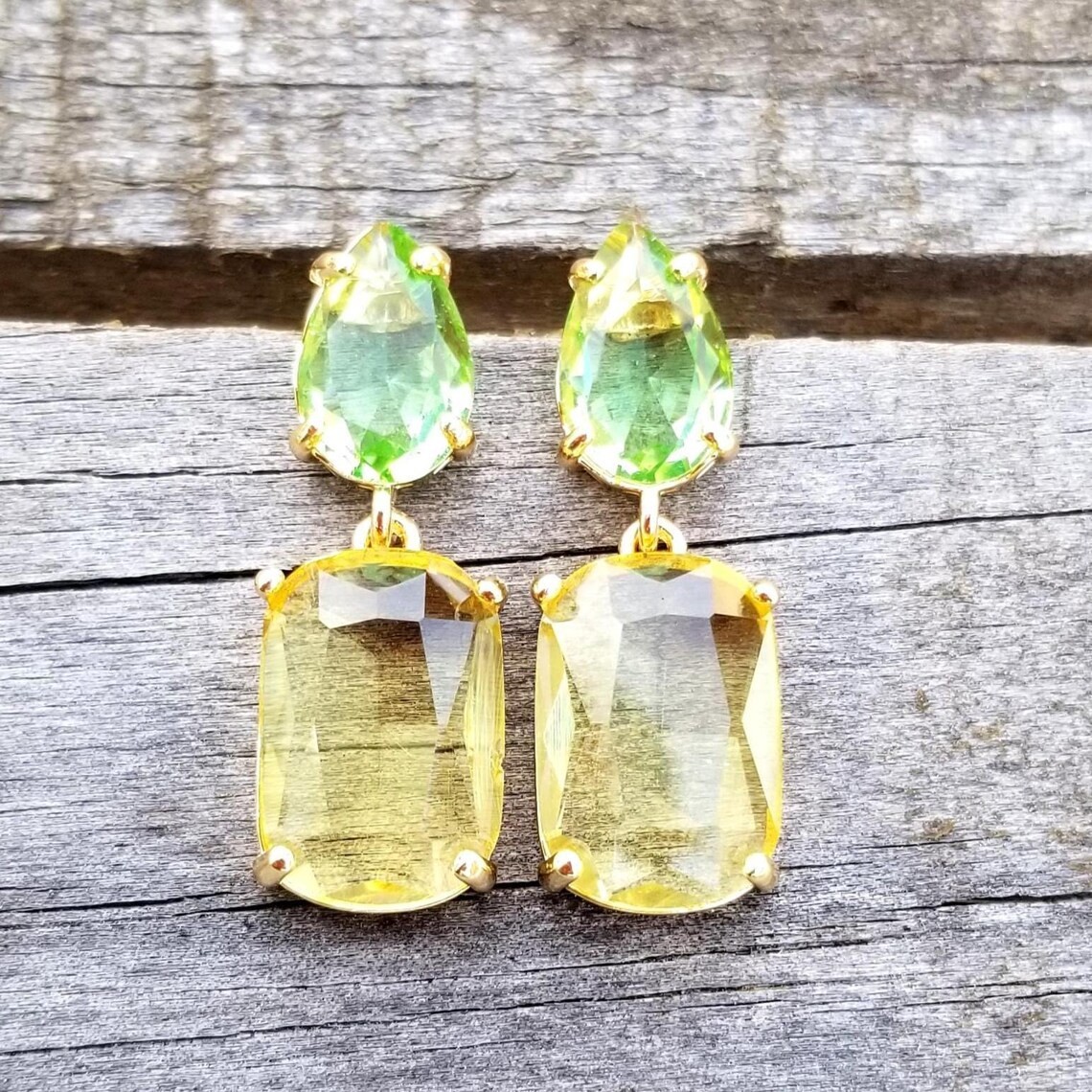 14k Gold Australian Crystal Citrine and Peridot Stud Dangle Earrings