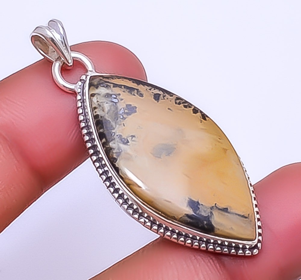 Honey Dendritic Opal – Mexico 925 Sterling Silver Pendant 1.95″ P25 Gift for her