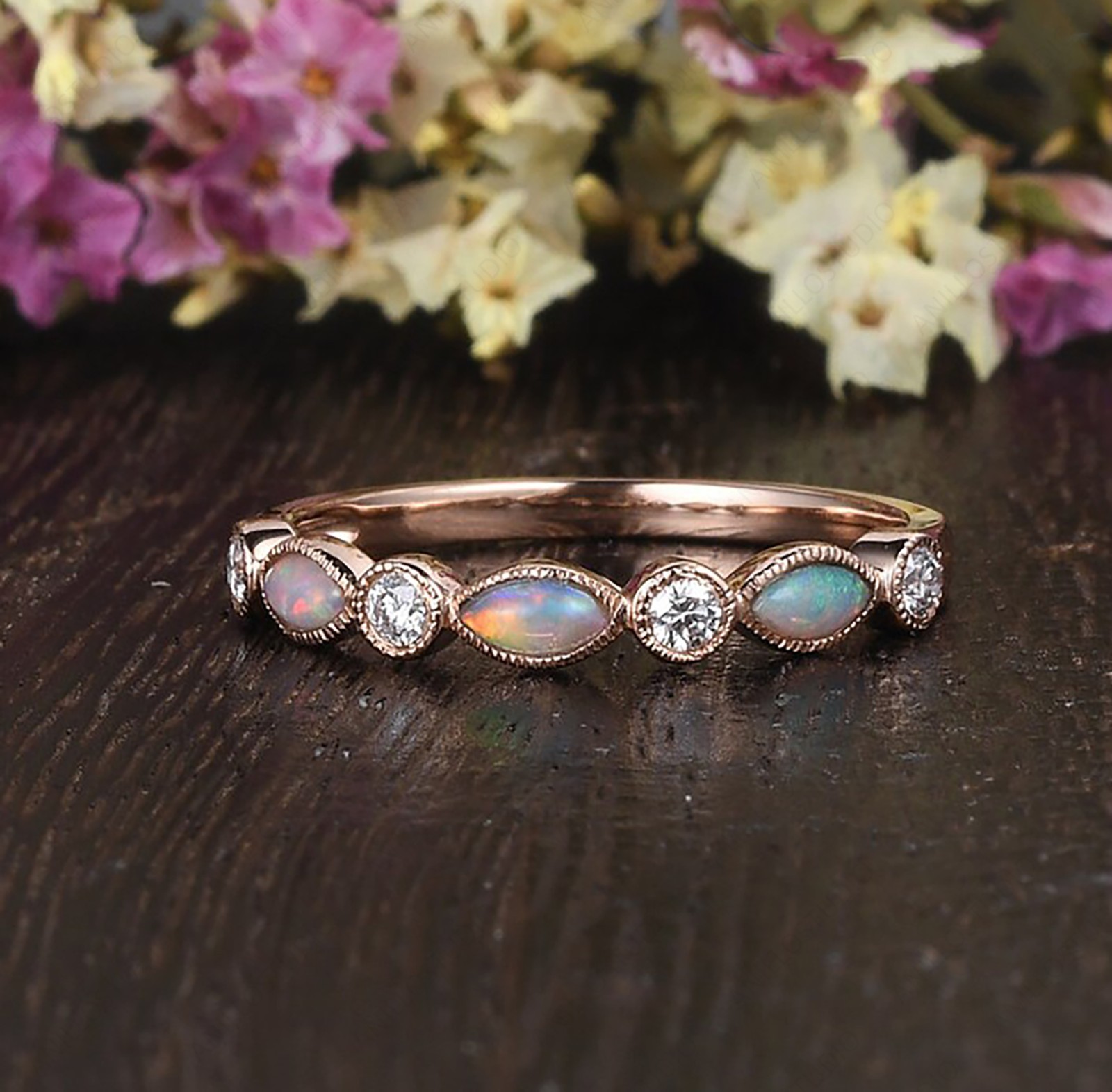 Marquise Cut Opal & Diamond Milgrain Half Eternity Stacking Wedding Band Ring