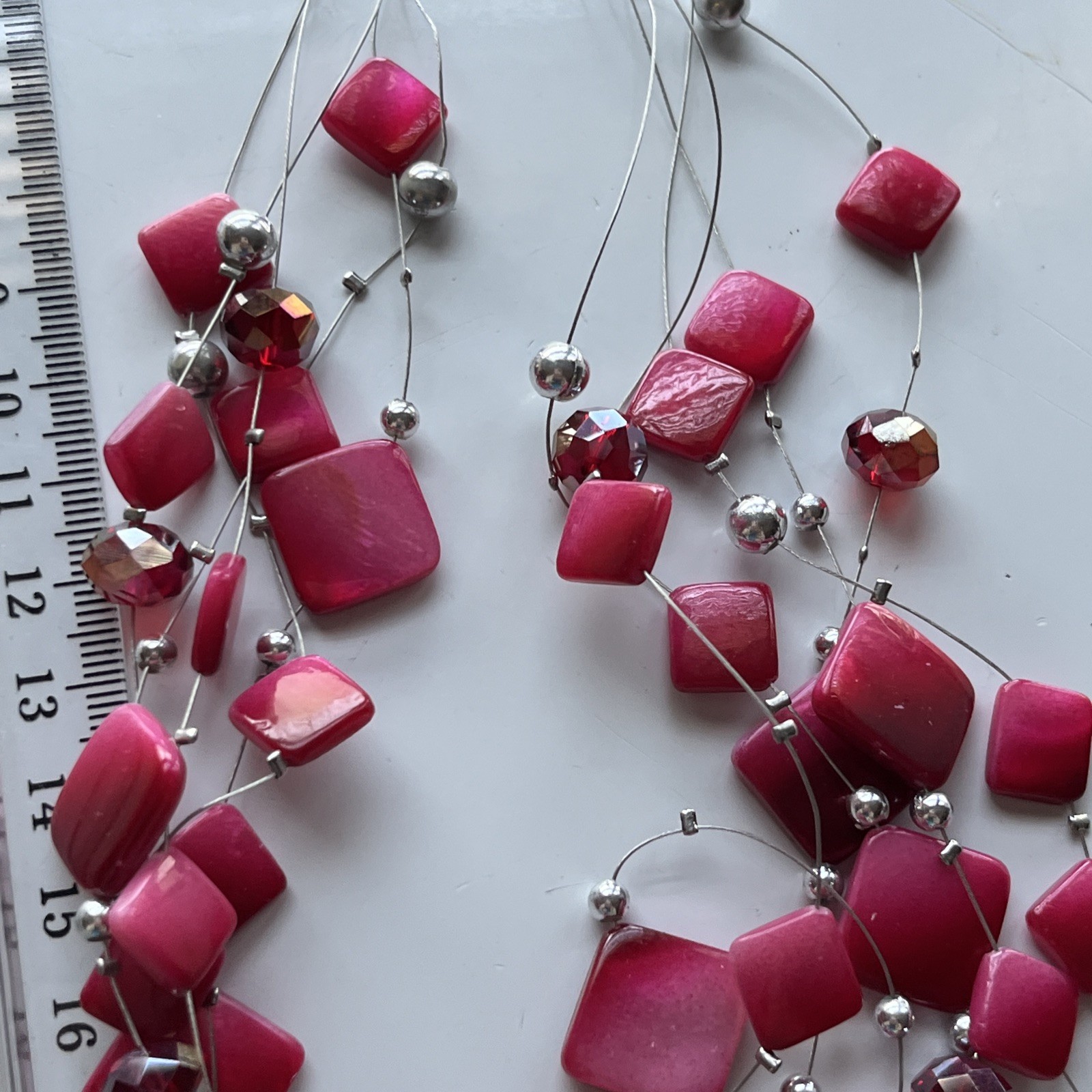5 layers 27 inch Layered Hot Pink And Grey silver tones Beaded Necklace elegant