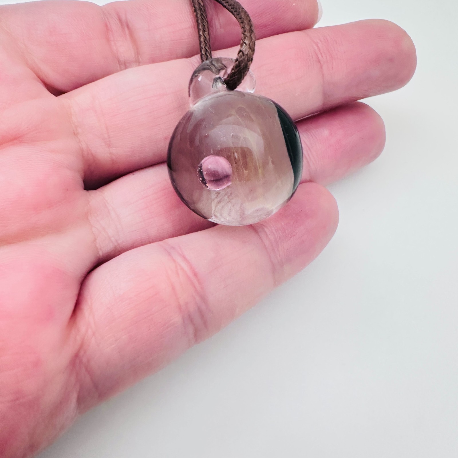 Galaxy Cosmic Sphere Glass Lampwork Pendant w/Long Brown Cord Necklace