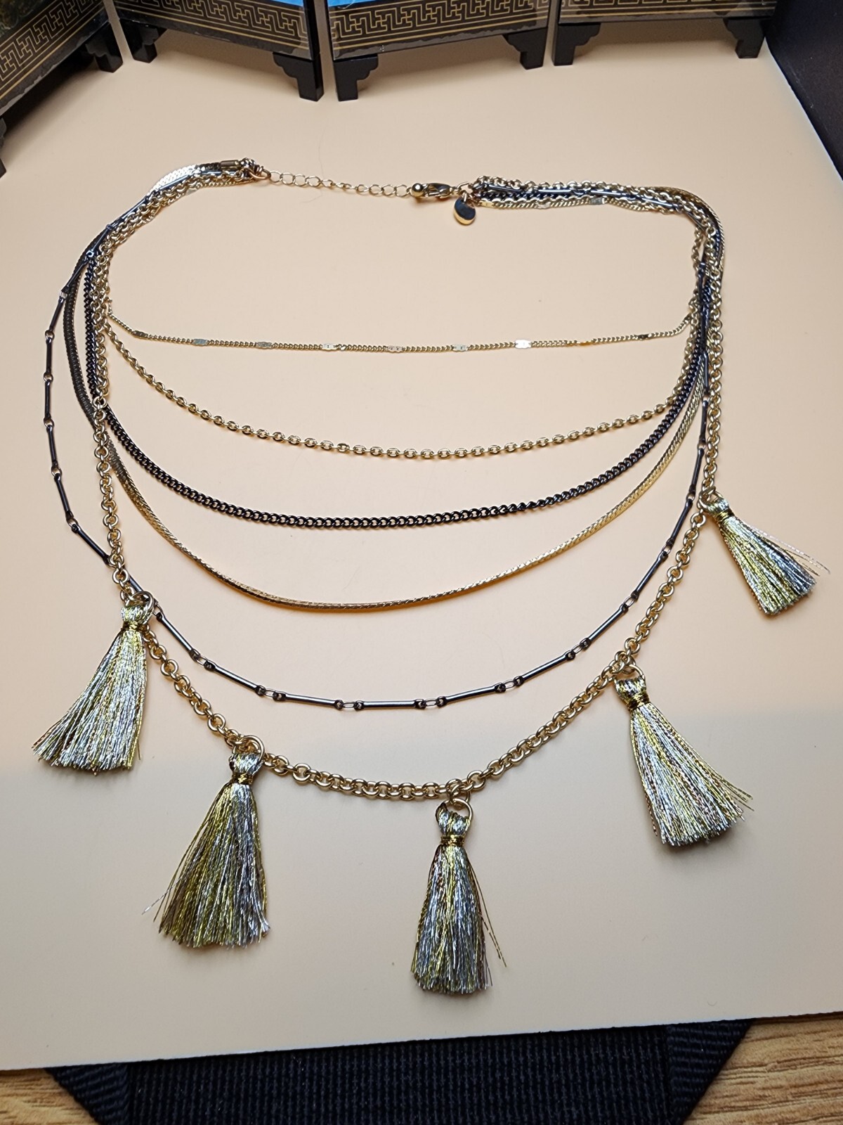 Vtg CHARMING CHARLIE Signed Multi-Strand Tassle Necklace Mixed Metal FREE $HIP!!