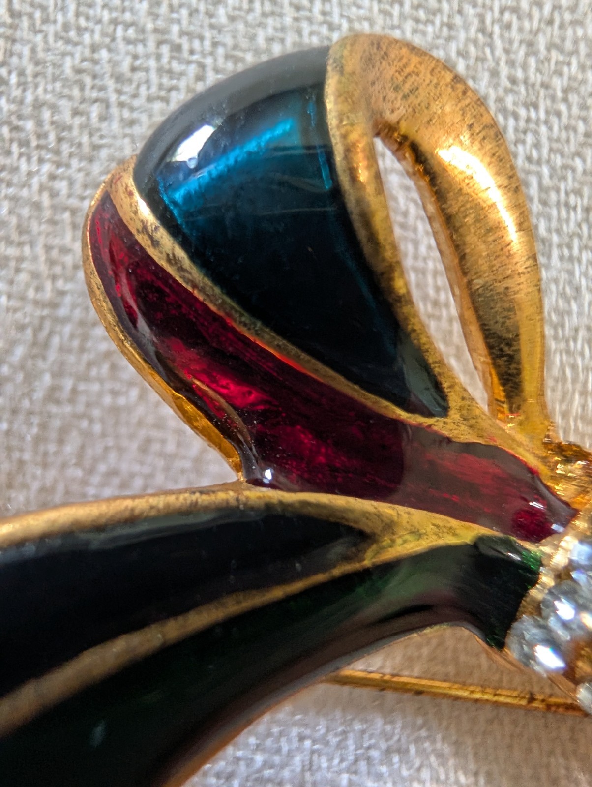 Gold Tone Enamel Bow Brooch w/ Rhinestone Center, Black Red Blue Green