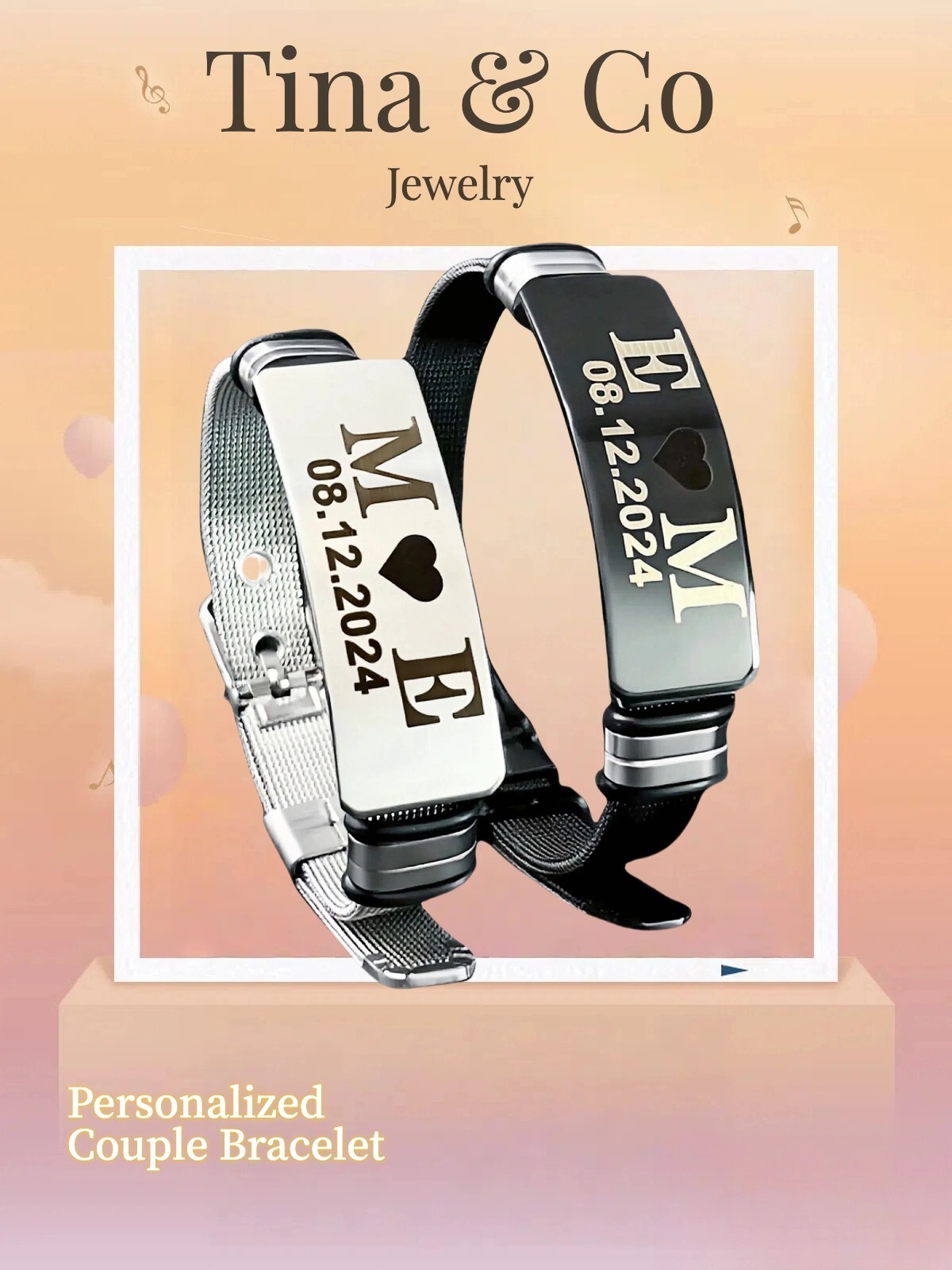 His and Hers Engraved Couple Bracelets – Custom Name Date Stainless Steel