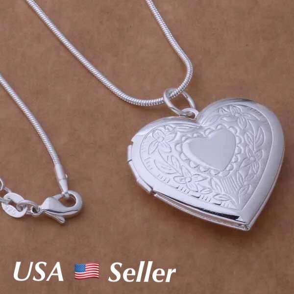 925 Sterling Silver Plated Heart Locket Photo Pendant Necklace 18″ + Gift Pouch