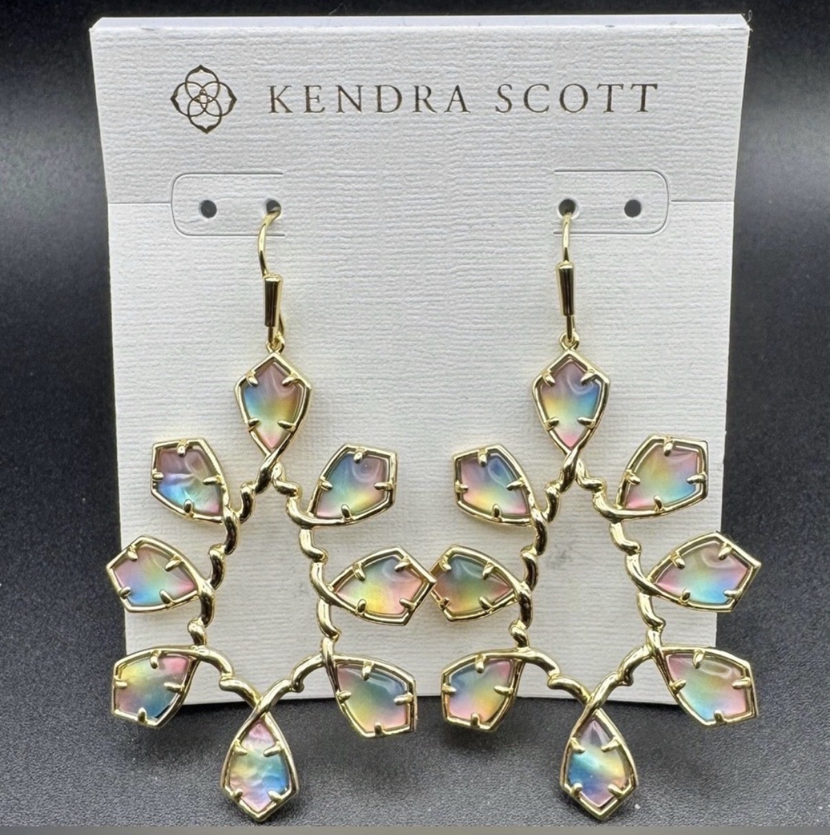 Kendra Scott Gold Statement Earrings in Iridescent Rainbow Glass | Rare/Retired