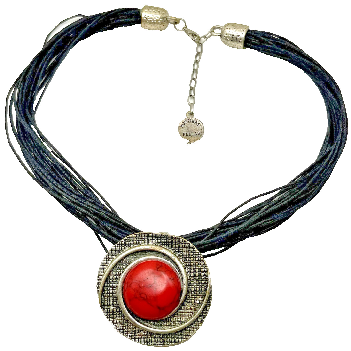 Kostibas Hellas Pendant Necklace Choker Silver Pewter Hammered Swirl 16”- 18”