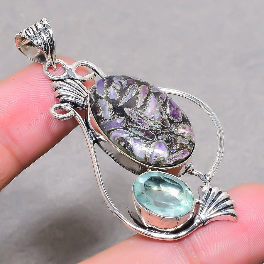 Copper Russian Charoite Aqua Apatite Gemstone Pendant Amazing Jewelry 2″ FP 3268
