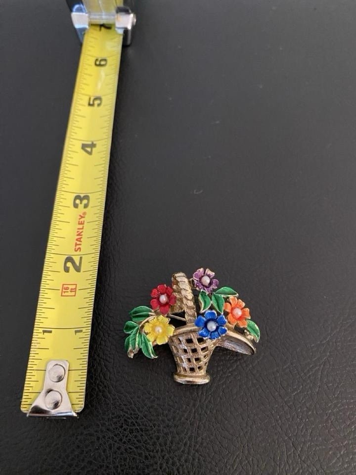 St. Labre Signed Enamel Metal Flower Basket Brooch Pin Gold Multicolor 1.5in
