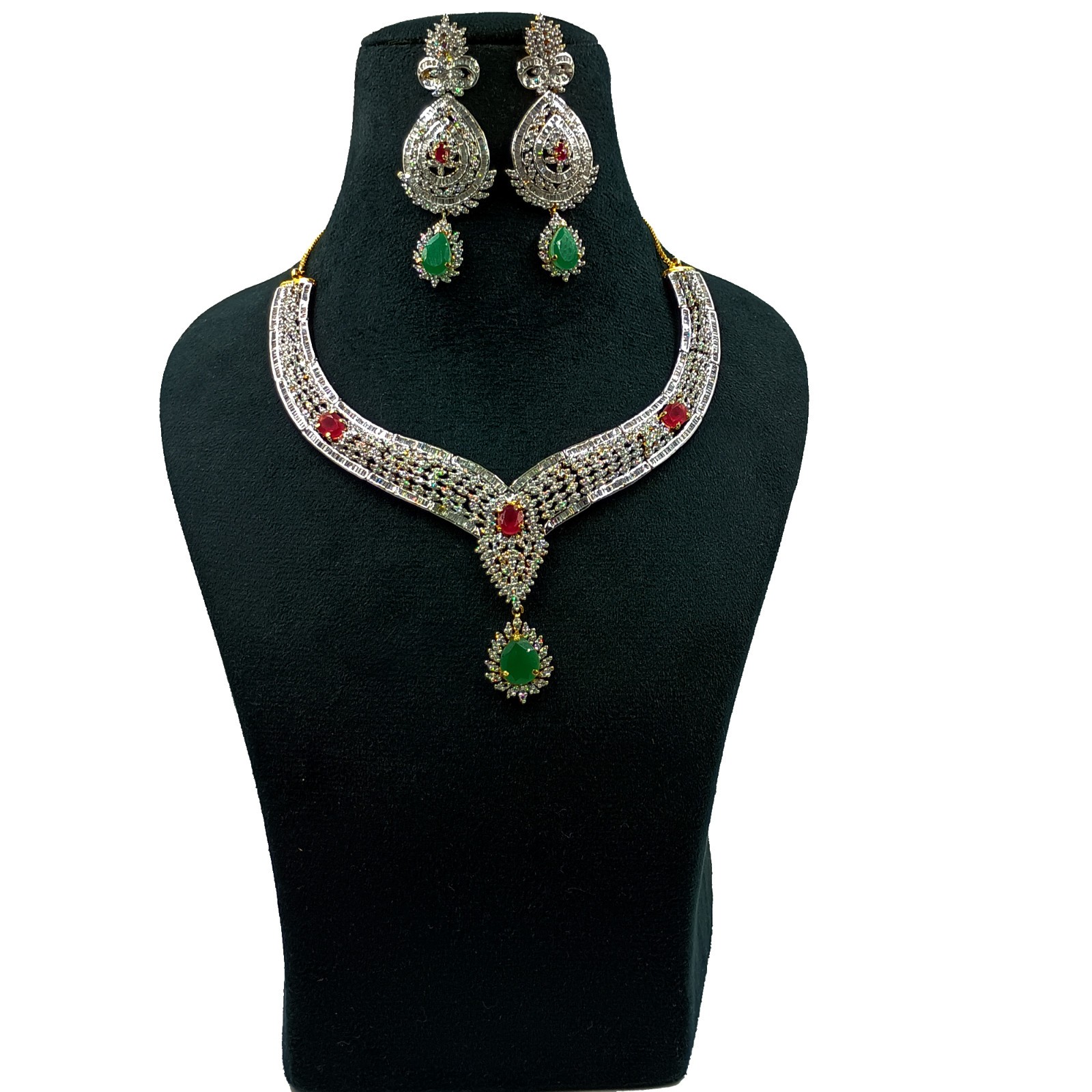 Traditional Emerald Ruby CZ Diamond Choker Necklace Set 22k Gold Plated