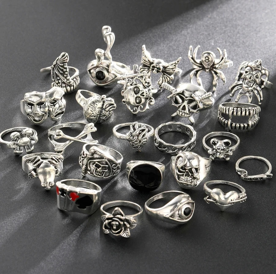 24pcs Gothic Skeleton Ring Set Punk Grunge Unisex Street Jewelry Gift