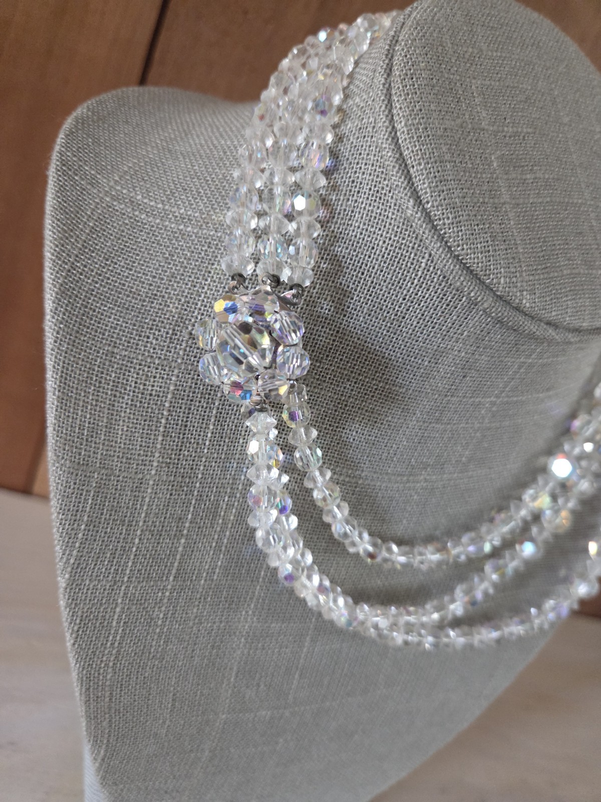 Vtg Multi Strand Aurora Borealis Necklace Faceted 15 In Crystal Flower Clasp AB