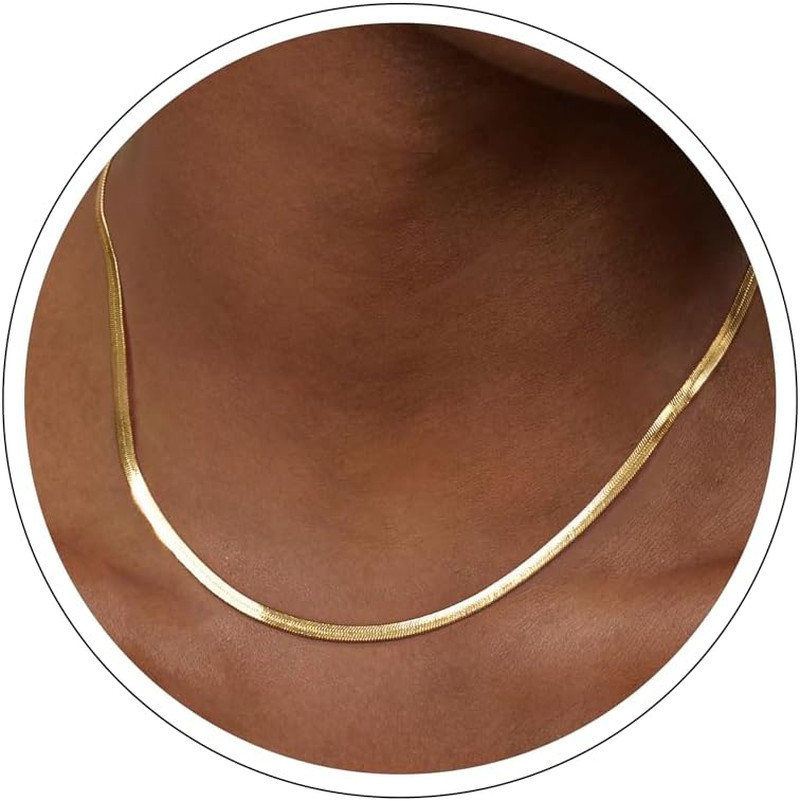 14K Gold Plated Necklaces for Women, Dainty Gold Herringbone Choker Necklace Thi