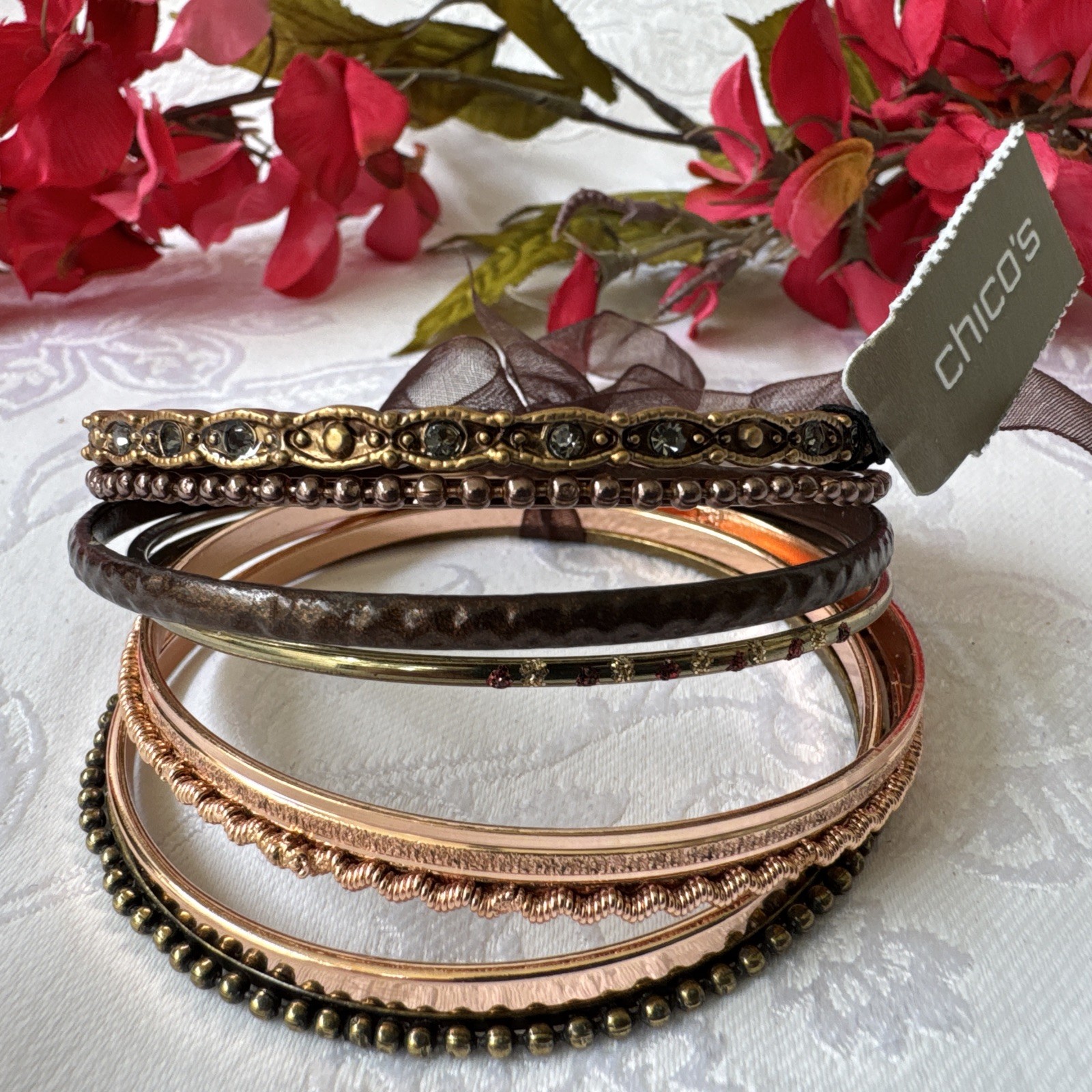 Chico’s Dark Gold Silver Brown Textured Thin Stacked 9 PC Bracelet Set Stack NWT