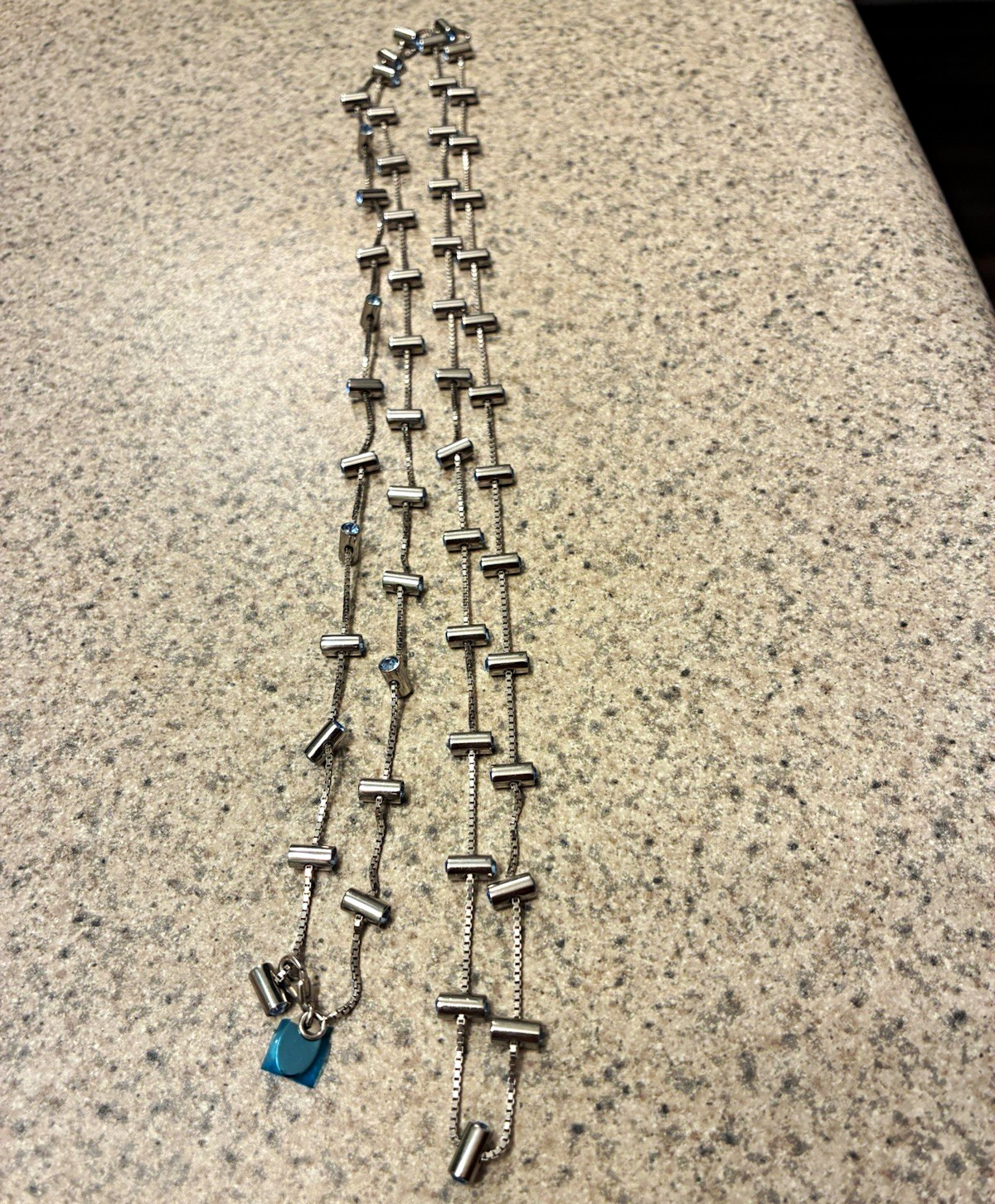 Silver Tone Bar Link Chain Necklace Blue Round Crystal Bezel Charm Pendant
